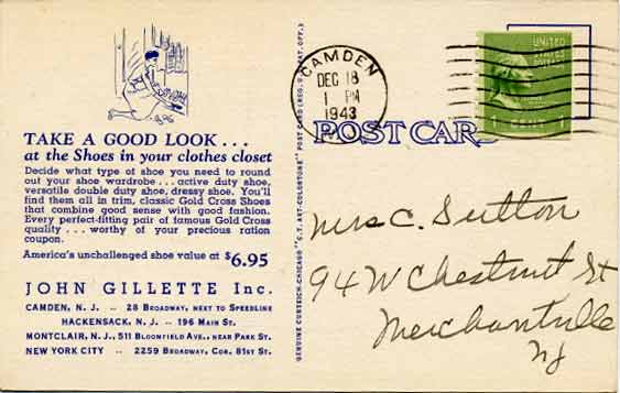 John Gillette Shoes, 28 Broadway, December 1943 (reverse)