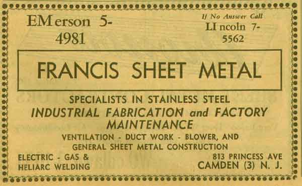 813 Princess Avenue — Francis Sheet Metal Works, 1955 New Jersey Bell Telephone Yellow Pages Ad