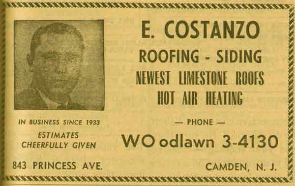 843 Princess Avenue — E. Costanzo Roofing-Siding, 1955 New Jersey Bell Yellow Pages Ad