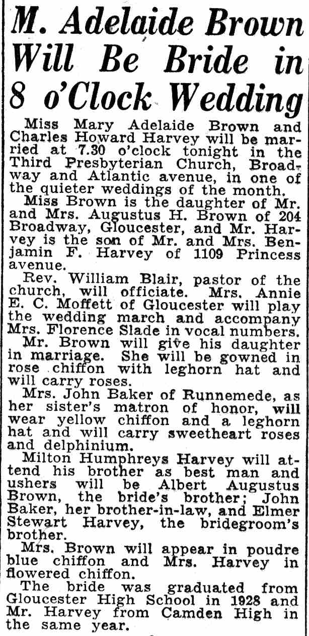 M. Adelaide Brown Will Be Bride in 8 o'Clock Wedding — Camden Courier-Post, June 18, 1932