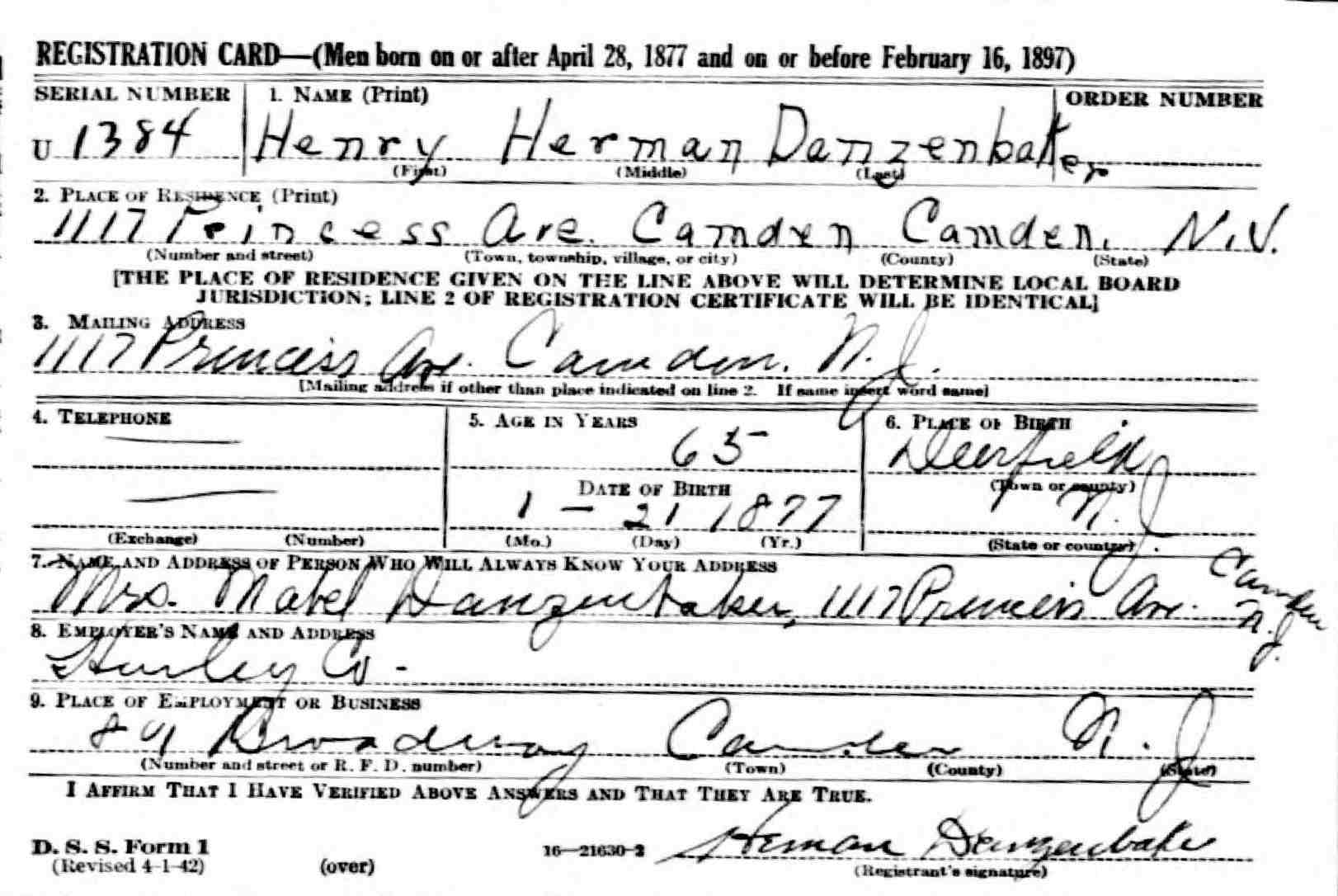 Henry Herman Danzenbaker World War II Draft Card, 1117 Princess Avenue