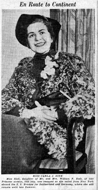 Miss Carla J. Zink, 1151 Princess Avenue — En Route to Continent, Camden Courier-Post, February 16, 1938