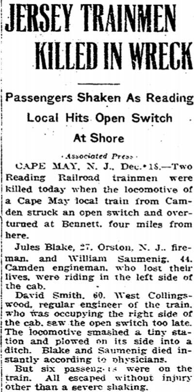 Jersey Trainmen Killed in Wreck — Trenton Evening Times, December 19, 1926