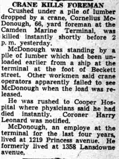 Crane Kills Foreman — Camden Courier-Post, July 31, 1941