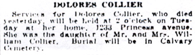 Dolores Collier obituary — Camden Courier-Post, December 8, 1930