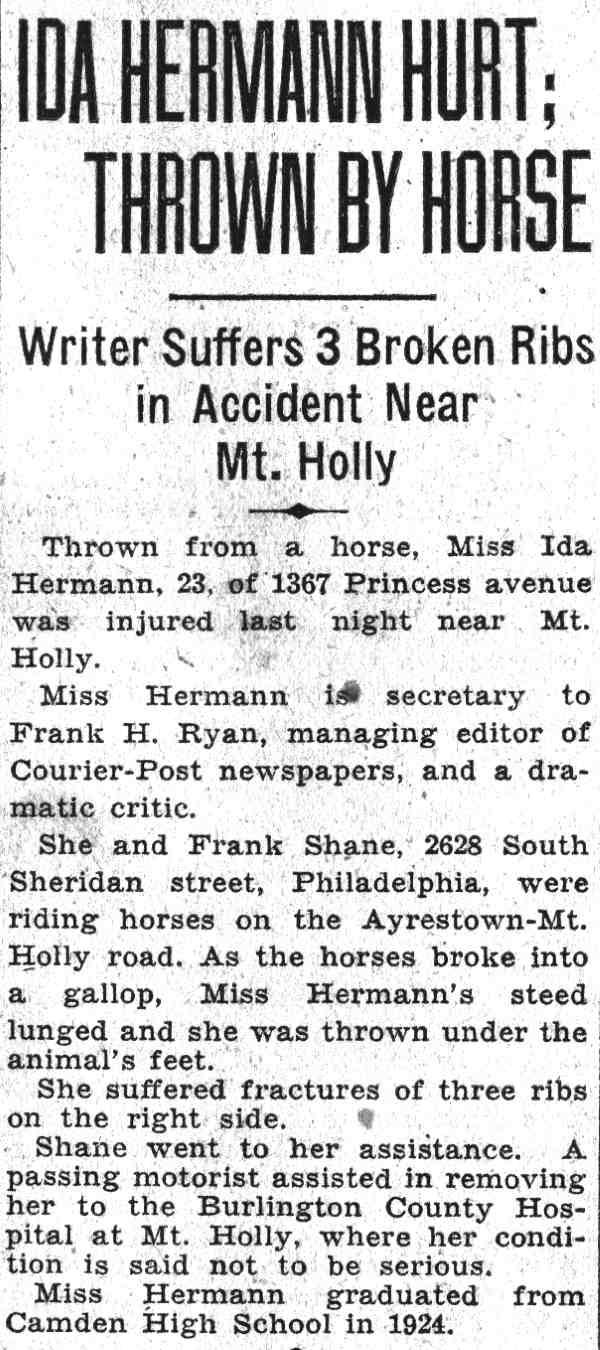 Ida Hermann Hurt; Thrown by Horse — Camden Courier-Post, June 17, 1932