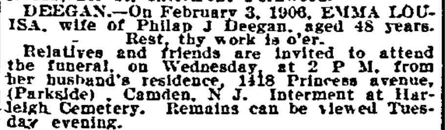 Emma Louisa Deegan death notice — Philadelphia Inquirer, February 5, 1906