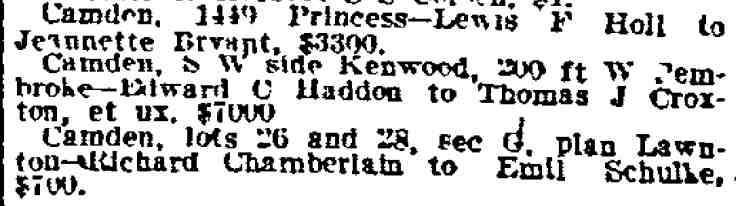 Philadelphia Inquirer June 18 1915, real estate transfer showing Lewis F. Holl selling 1449 Princess to Jeannette Bryant