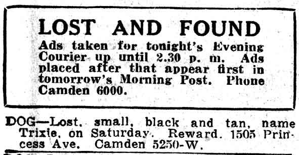 Lost dog Trixie — 1505 Princess Avenue — Camden Courier-Post, February 23, 1938