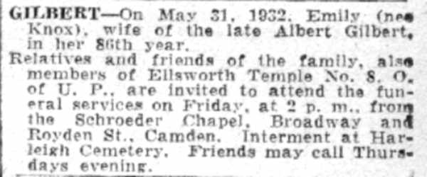 Camden Courier-Post, June 2, 1932 — Emily Gilbert obituary