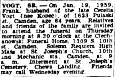 Vogt, Sr. death notice — Camden Courier-Post, January 20, 1959
