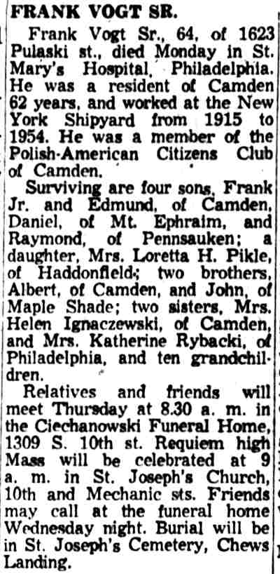 Frank Vogt Sr. — Camden Courier-Post, January 20, 1959