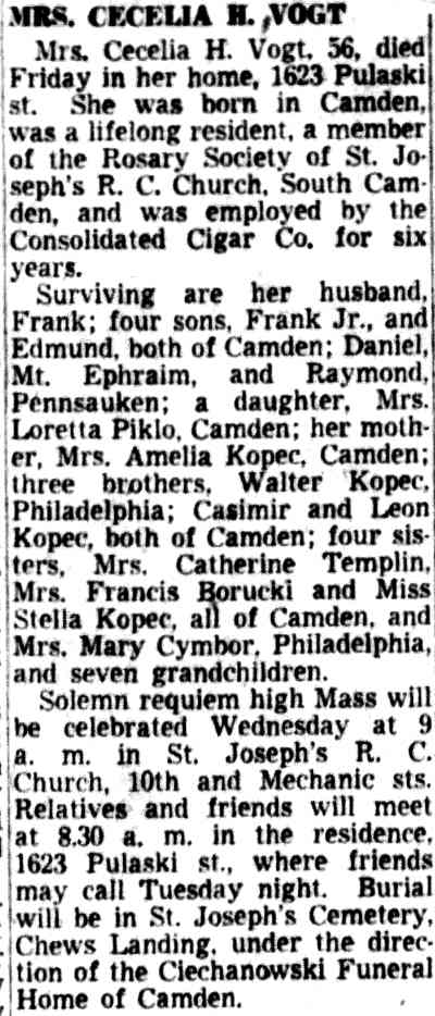 Mrs. Cecelia H. Vogt — Camden Courier-Post, July 6, 1953