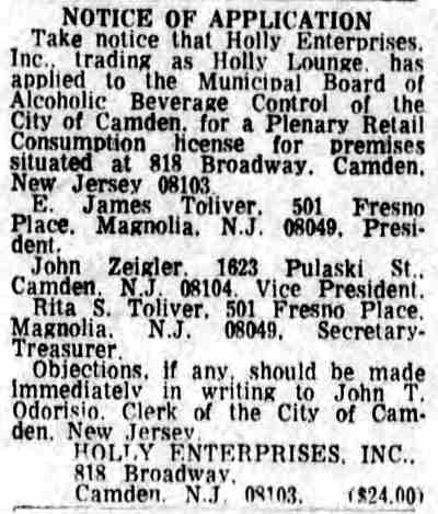 Notice of Application — Holly Enterprises, Inc. — Camden Courier-Post, July 27, 1972