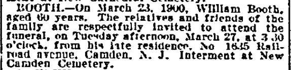 Death notice for William Booth, 1645 Railroad Avenue, 1900