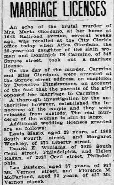 Marriage Licenses article about Atica Giordano and the murder of Mrs. Maria Giordano, 1643 Railroad Avenue, 1913