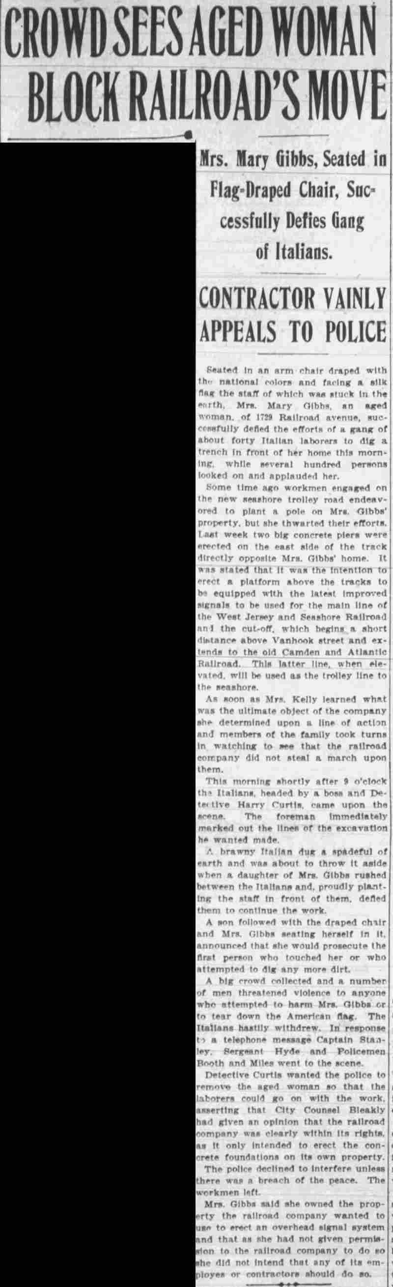 Crowd Sees Aged Woman Block Railroad's Move — Mrs. Mary Gibbs, 1729 Railroad Avenue, 1906