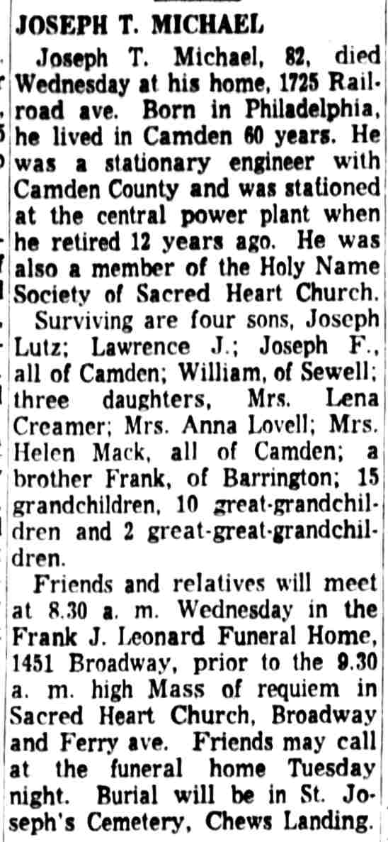 Obituary for Joseph T. Michael, 1725 Railroad Avenue, 1959
