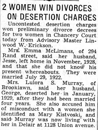 2 Women Win Divorces On Desertion Charges, 294 Rand Street, February 1938
