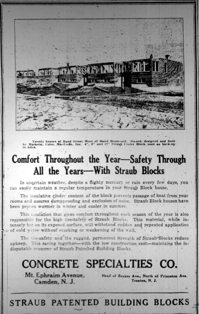 Concrete Specialties Co. advertisement for Straub Patented Building Blocks, 1928