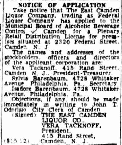 Notice of Application, East Camden Liquor Company, Vera Tacknoff, 415 Rand Street, 1959