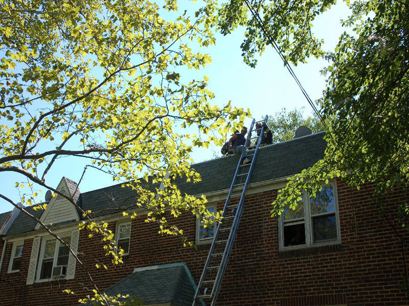 547 Pfeiffer Street fire, September 18, 2007 — photo 2: Ladder 3 putting up ladder to rescue man on roof