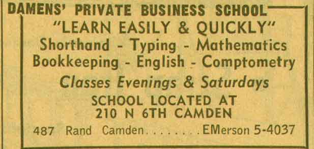 Damens' Private Business School advertisement, 487 Rand Street, 1955