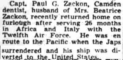 Newspaper article: Capt. Paul G. Zackon Returns Home