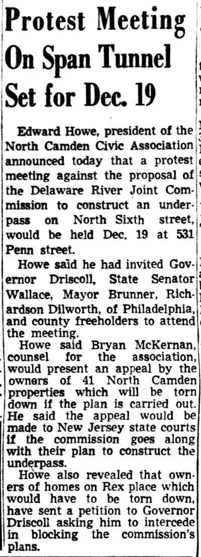 Protest Meeting On Span Tunnel Set for Dec. 19 — Camden Courier-Post, December 12, 1949