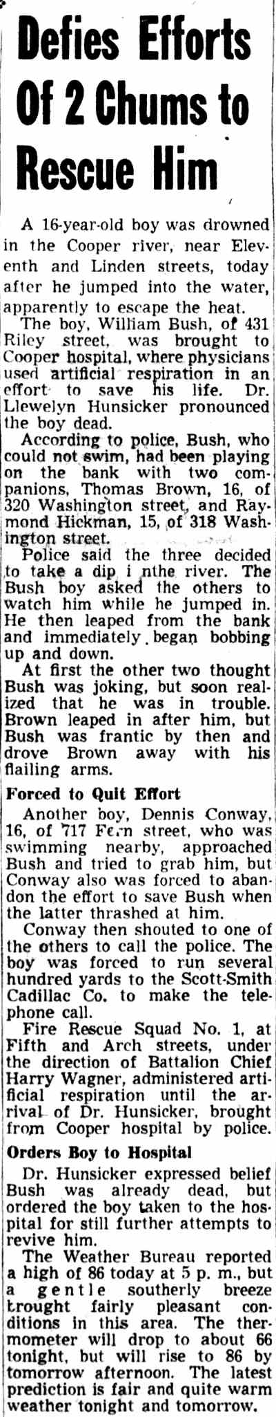 Camden Courier-Post June 9, 1950 — Defies Efforts of 2 Chums to Rescue Him article text