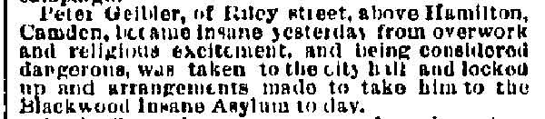 Philadelphia Inquirer, April 27, 1884 — Peter Geibler of Riley Street