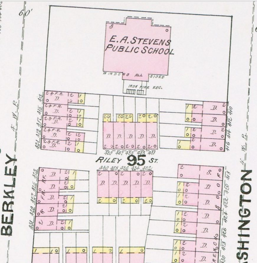 Sanborn Map of Riley Street, 1891, rotated 90 degrees