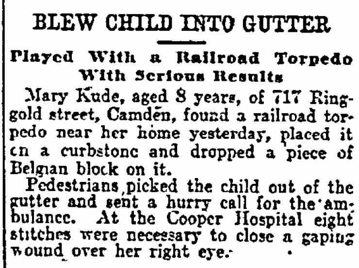 Philadelphia Inquirer, April 30, 1904 — child injured by railroad torpedo at 717 Ringgold Street