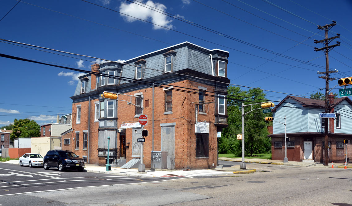 Northwest corners of River Avenue and Cambridge Avenue, and River Avenue and North 27th Street, seen from southeast corner of River Avenue and Cambridge Avenue, August 22, 2011