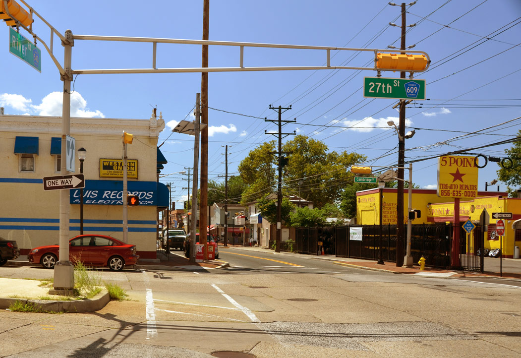 Southeast and southwest corners of River Avenue and Cambridge Avenue, seen from northeast corner of North 27th Street and River Avenue, August 22, 2011