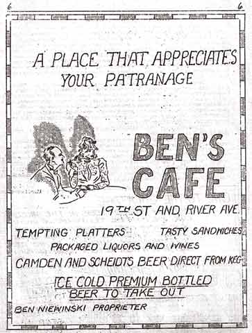 1898 River Avenue — Ben's Cafe / Niewinski's Cafe, 1946 Ablett Village Newsletter Ad