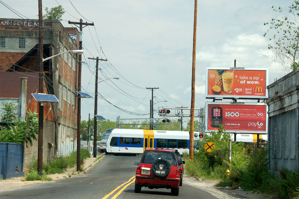 RiverLine train crossing River Avenue at Federal Street, August 6, 2011