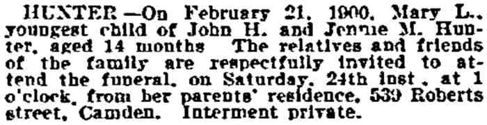 Hunter — Philadelphia Inquirer, February 24, 1900 — 539 Roberts Street