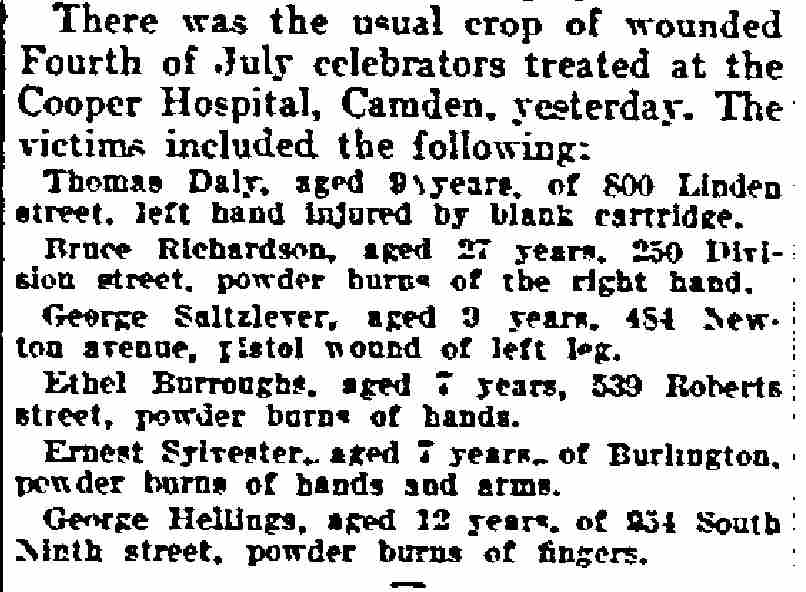 Fourth of July Injuries — Philadelphia Inquirer, July 5, 1905 — 539 Roberts Street