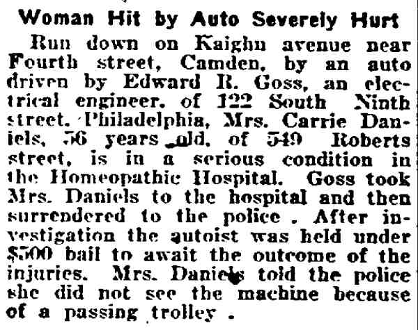 Woman Hit by Auto Severely Hurt — Philadelphia Inquirer, May 23, 1920 — Mrs. Carrie Daniels, 549 Roberts Street