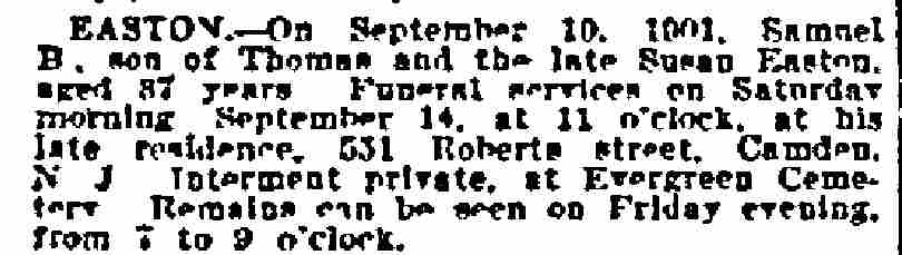 Easton — Philadelphia Inquirer, September 14, 1901 — 551 Roberts Street