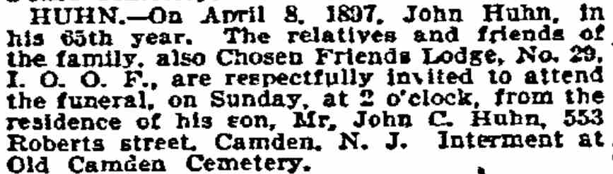 Huhn — Philadelphia Inquirer, April 11, 1897 — 553 Roberts Street