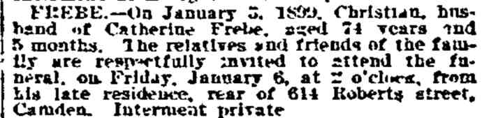 Frebe — Philadelphia Inquirer, January 6, 1899 — 614 Roberts Street