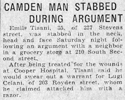 Camden Courier-Post, March 21, 1932 — Emil Tisani and Luigi Celani, South 2nd Street and Royden Street area
