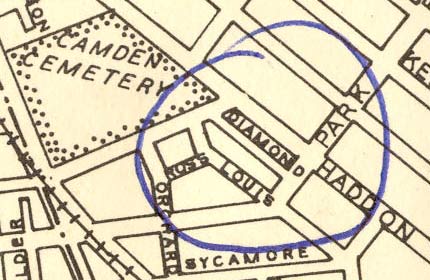 Section of 1946 map showing Louis Street from Mount Vernon Street to Sycamore Street