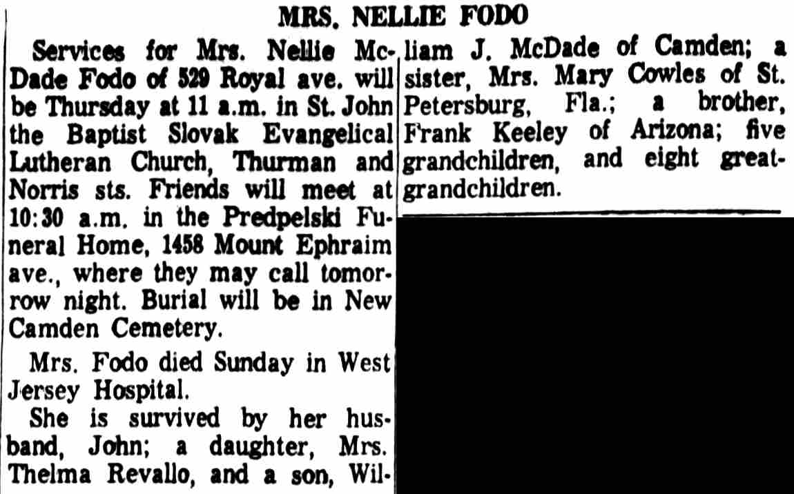 Mrs. Nellie Fodo obituary — Camden Courier-Post, March 30, 1965