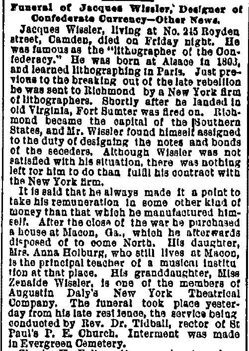 Funeral of Jacques Wissler, Designer of Confederate Currency—Other News - Philadelphia Inquirer, November 25, 1887
