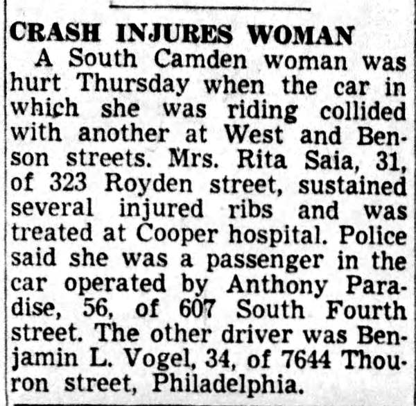 Crash Injures Woman - Camden Courier-Post, November 4, 1949