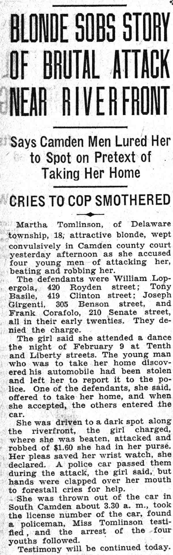 Blonde Sobs Story of Brutal Attack Near Riverfront — Camden Courier-Post, June 15, 1932