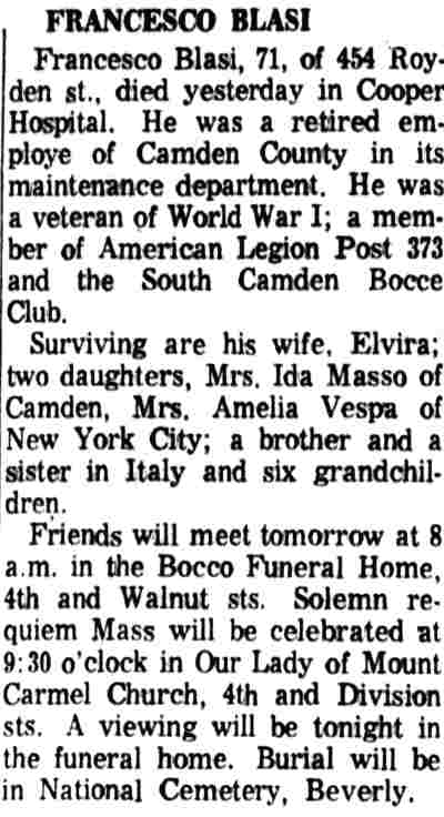 Francesco Blasi - Camden Courier-Post, November 19, 1964